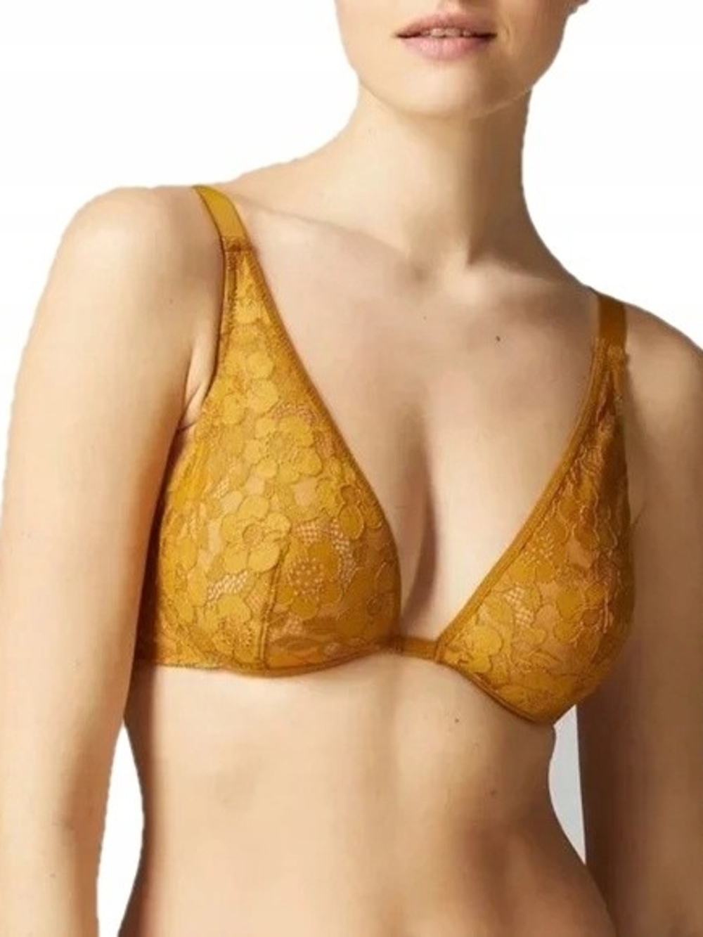 Simone Perele 38B Mustard Gold Floral Lace Sheer Underwire Bra Lingerie